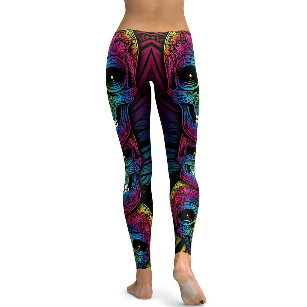 Rainbow Skull Leggings Mujer Tallas grandes Leggings Entrenamiento Casual Cintura alta Pantalones delgados S ~ 4XL Leggings de talla grande 