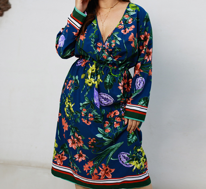 Printed Long Sleeved V-neck Dress