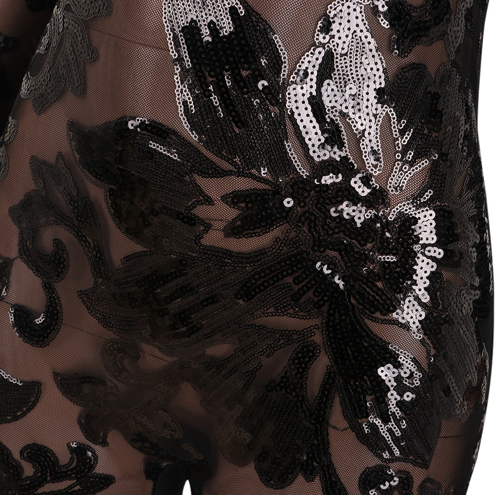 Slim Sequin Perspective Deep V Jumpsuit Vêtements de boîte de nuit
