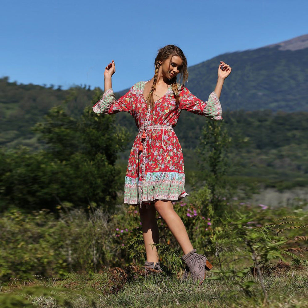 Bohemian Beach Resort Style Pleated Print Dress