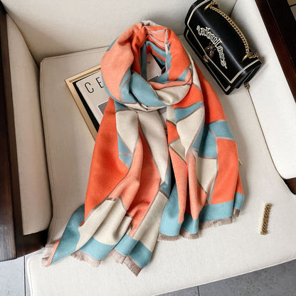 Color Block Warm Scarf Shawl Double-sided Imitation Cashmere