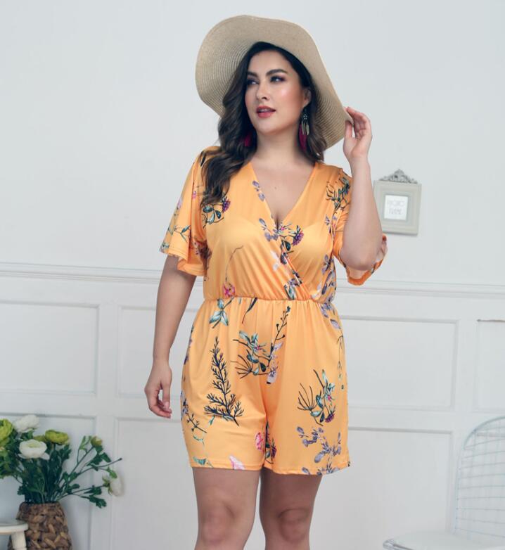 Mamelucos casuales de cintura de manga corta con estampado de V profundo para mujer