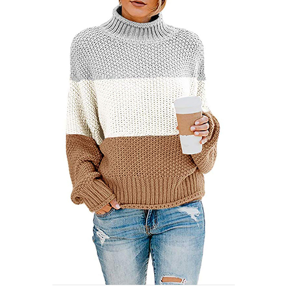 Thick Line Color Matching High Neck Pullover