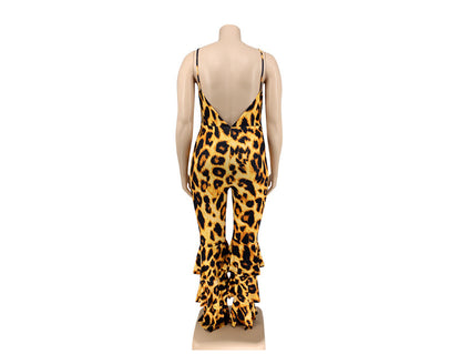 V-neck Leopard Print Suspenders Jumpsuit