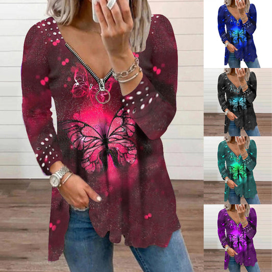 Women's V-neck Zipper Pullover Top Pearl Print T-shirt