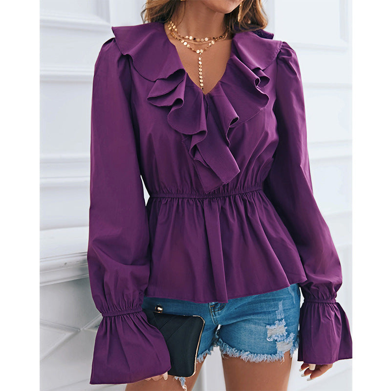 Ruffled V-neck Long-sleeved Bottoming Blouse