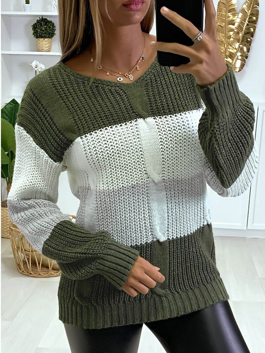 New Knitted V Neck Color Matching Long Sleeved Sweater Women