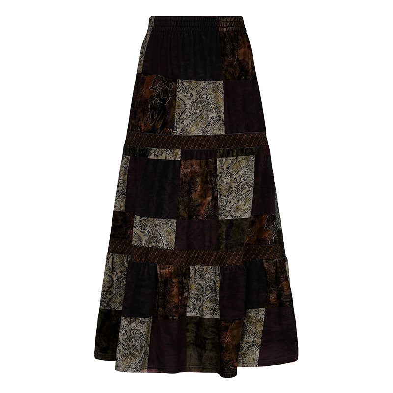 Vintage Contrast Panel Velvet Skirt