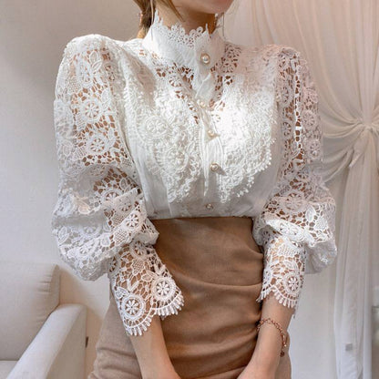 Design Palace Style Blouse Lace Stand-up Collar Long-sleeved Shirt