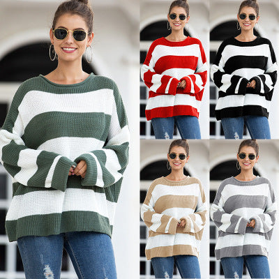 Round neck striped color-block sweater