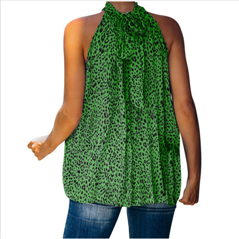Top de chifón con estampado de leopardo y cuello halter estampado para mujer