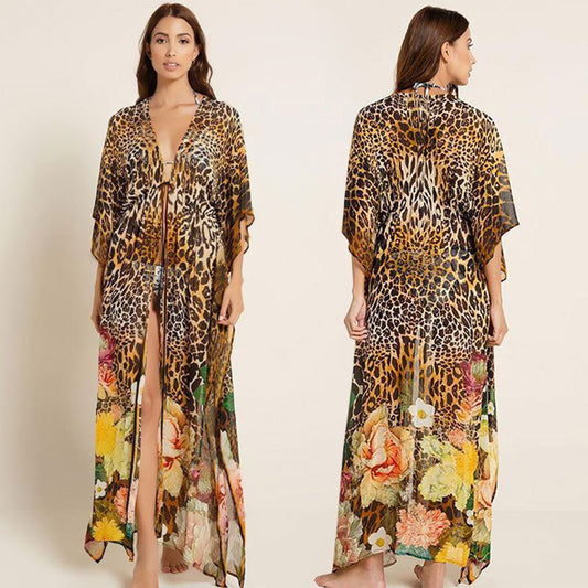 Women's Chiffon Leopard Dot Loose Beach Sunscreen Bikini Cover Up Smock