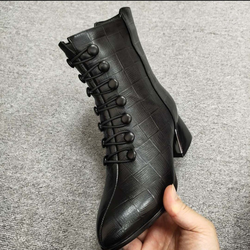 Thick-heeled Leather Mid-boots Women's New Fashion Plus Velvet