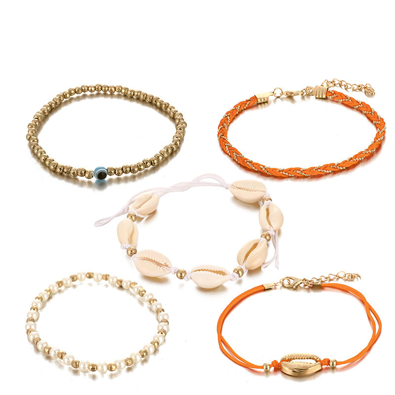 Lot de 5 bracelets de cheville en coquillage de riz tressé Wax Line Rice Zhu