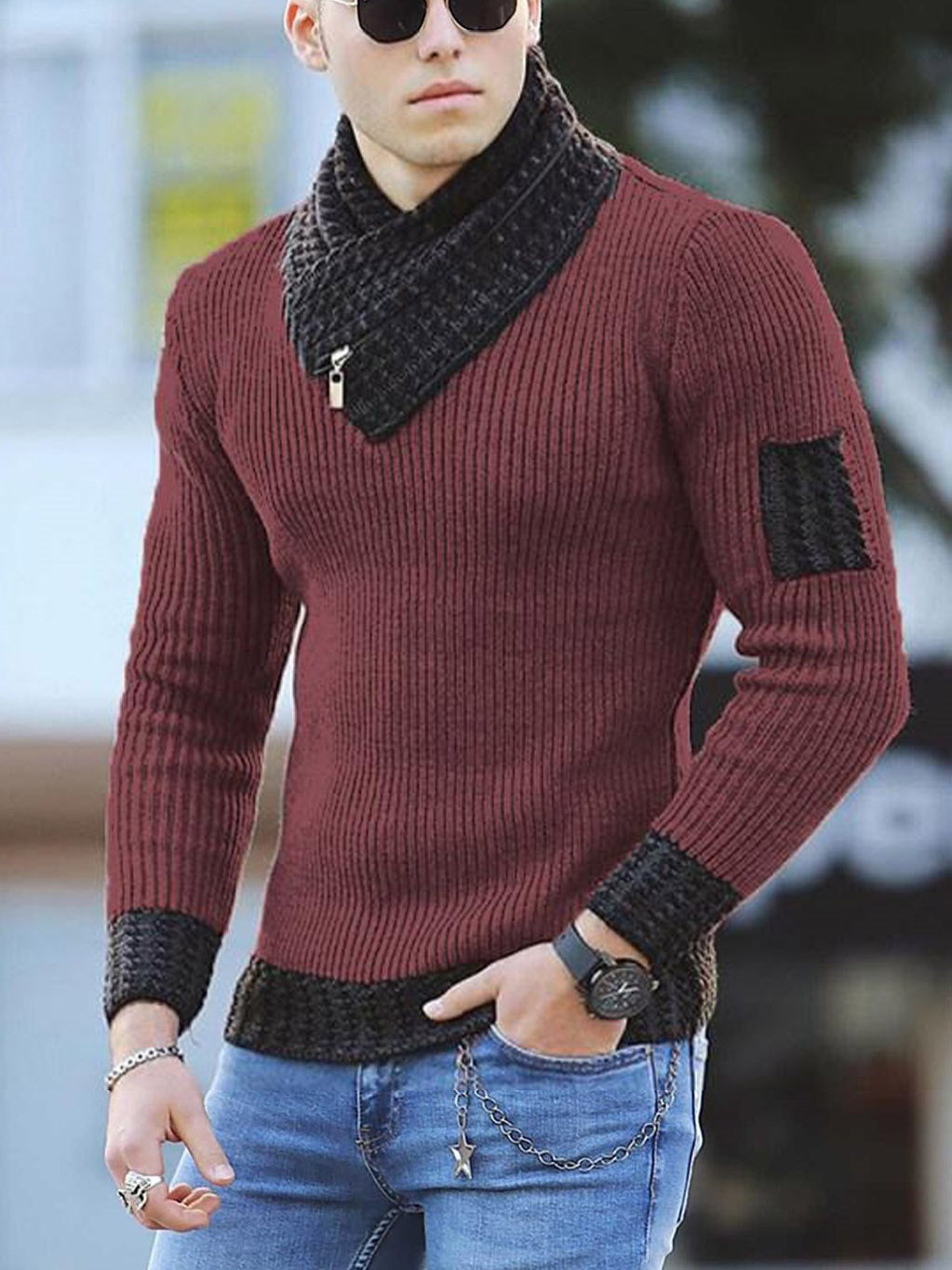 Hombres Casual Slim Knit Pullover Manga larga Bufanda Cuello Suéter