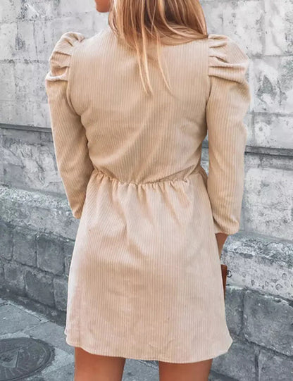 Solid Color V-neck Long-sleeved Ruffled Women's Dress