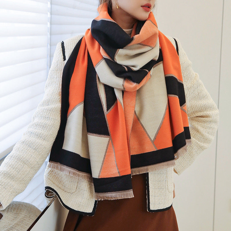 Color Block Warm Scarf Shawl Double-sided Imitation Cashmere