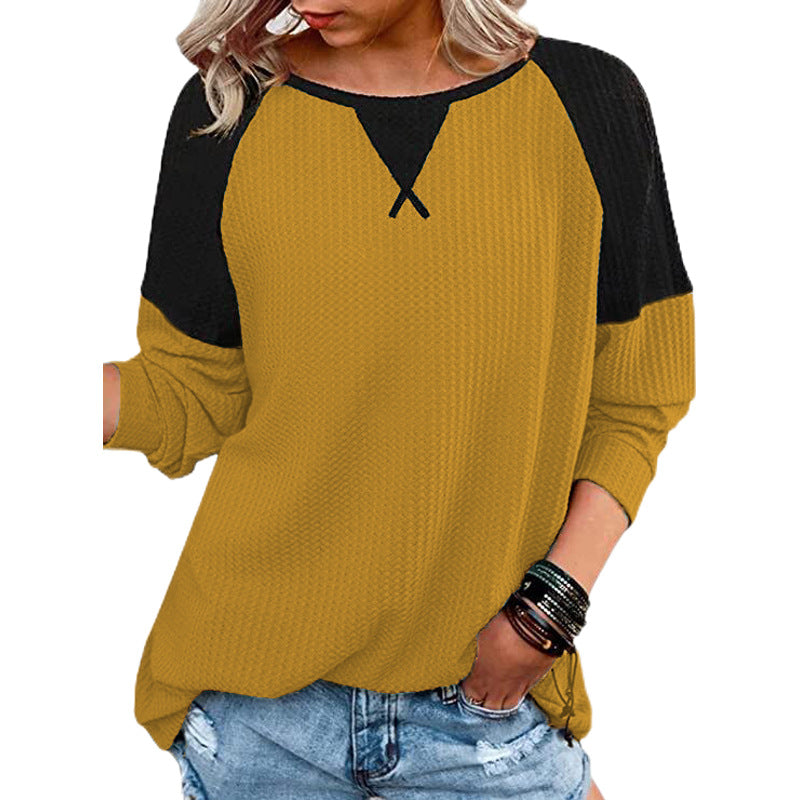 Waffle Stitching Long-sleeved Round Neck T-shirt