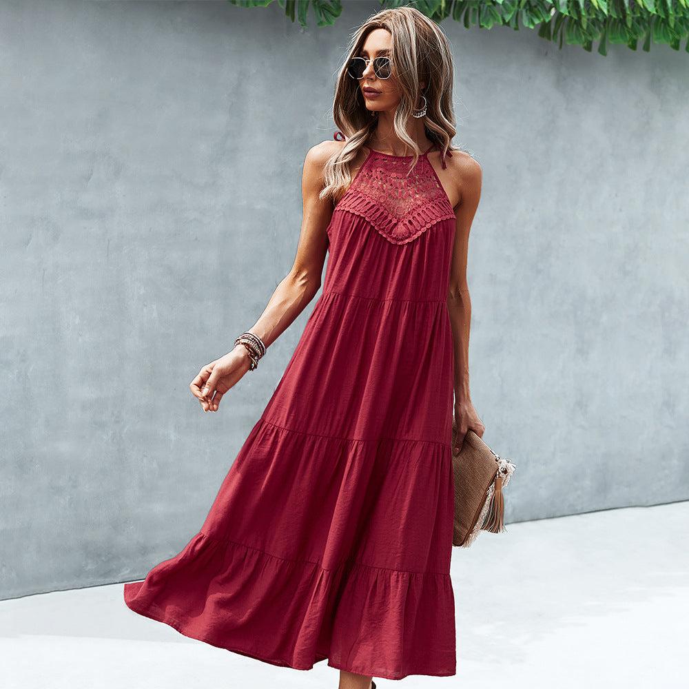 Sling Collar Solid Color Stitching Large Hem Midi Skirt
