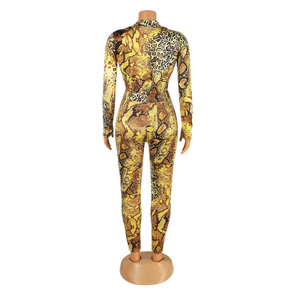 Snake Print Digital Print Long-Sleeved Skinny Jumpsuit