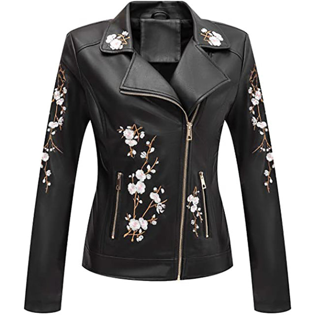 Giolshon Automne Fleurs Broderie PU Veste En Cuir Femmes