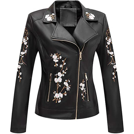 Chaqueta de cuero de PU con bordado de flores de otoño Giolshon para mujer