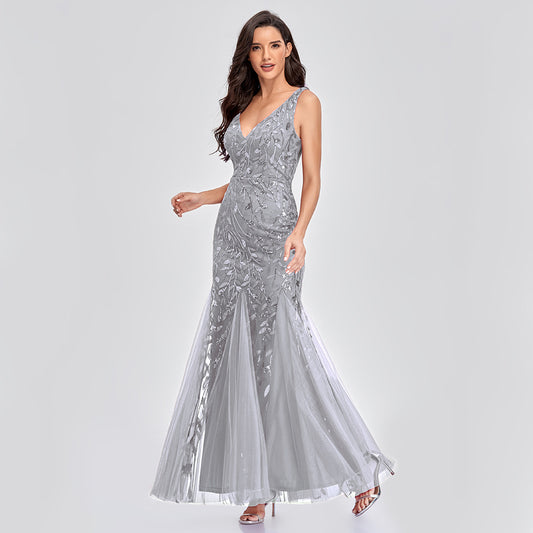 Sleeveless V-neck Embroidered Sequin Slim Mermaid Dress