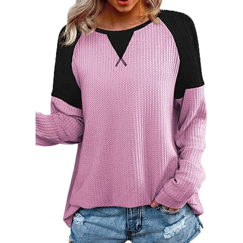 Waffle Stitching Long-sleeved Round Neck T-shirt