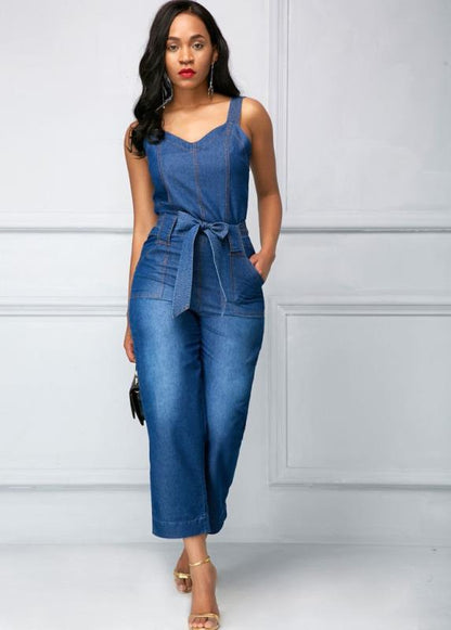 Sling Bowknot Denim Jumpsuit