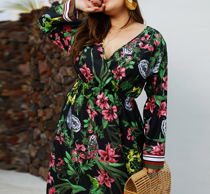 Printed Long Sleeved V-neck Dress