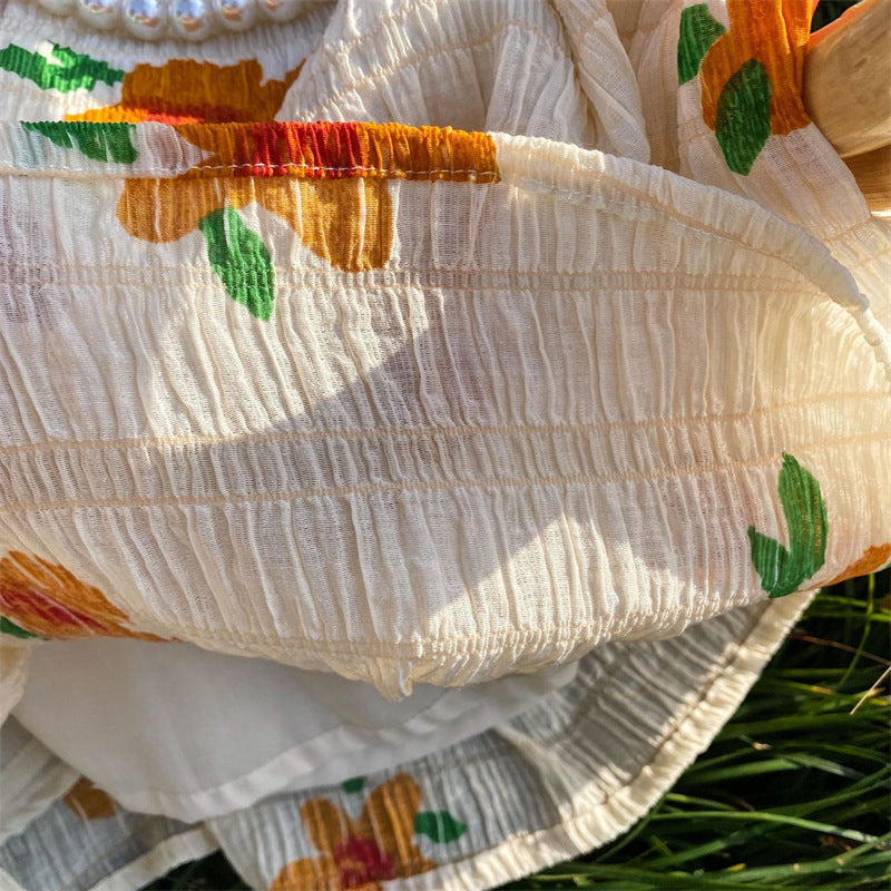 Vestido Infantil Flor Naranja Plisado Casual