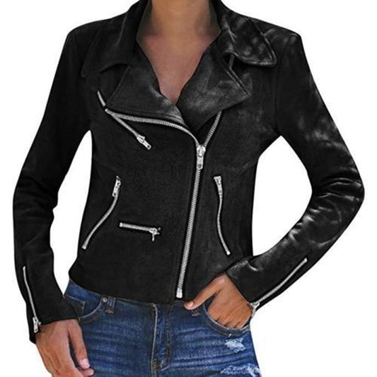 Lapel inclined multiple zipper short coat