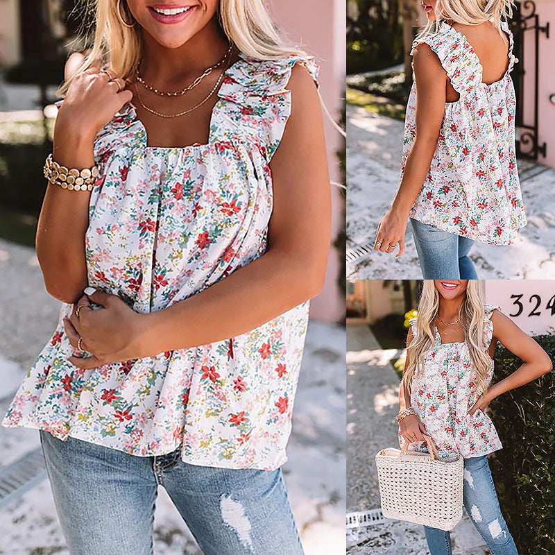 Fashion Floral Square Neck Sleeveless Casual Loose Ladies Shirt