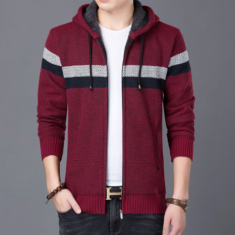 Men's Knitted Sweater Fleece Thick Hooded Casual Sweater Warm Jacket