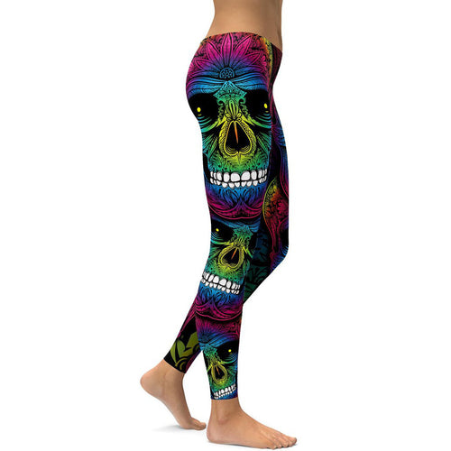 Rainbow Skull Leggings Mujer Tallas grandes Leggings Entrenamiento Casual Cintura alta Pantalones delgados S ~ 4XL Leggings de talla grande 