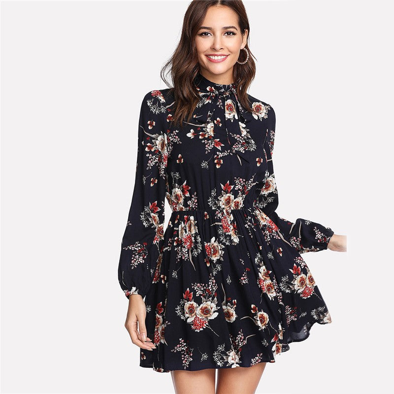 Elegant Long Sleeve High Waist Floral Dress