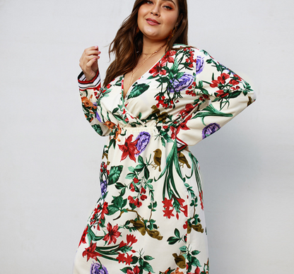 Printed Long Sleeved V-neck Dress