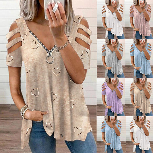 V-neck Zipper Printing Short-sleeved Loose Casual T-shirt Women's Top