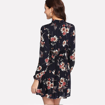 Elegant Long Sleeve High Waist Floral Dress