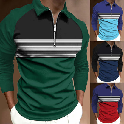 Striped Black Raglan Printed Simple Zipper Lapel Long Sleeve Polo Shirt