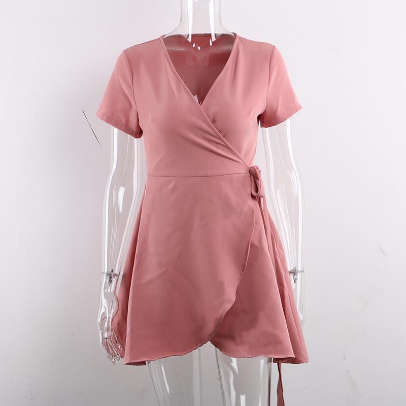 Women V-neck Pink Dress