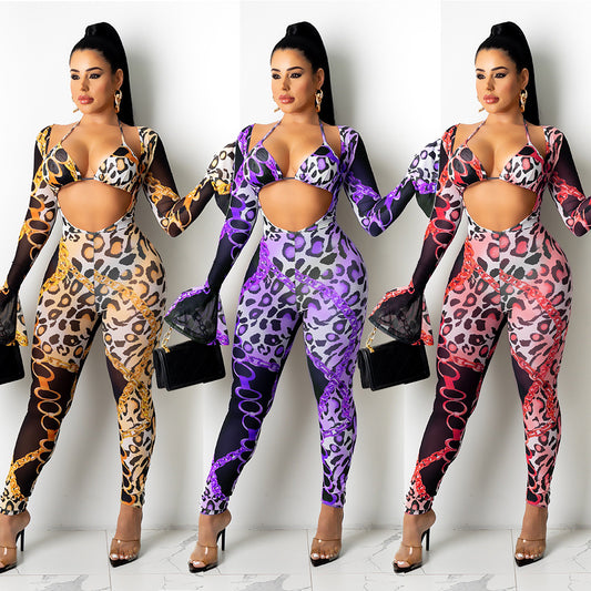 Women's  Nightclub Tight Mesh Perspective Digital Printing Casual Suit