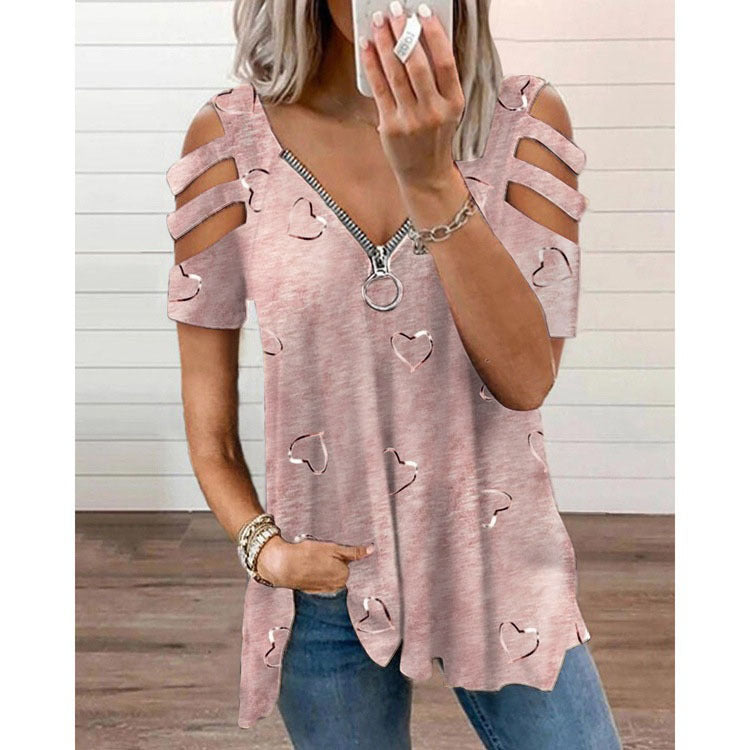 V-neck Zipper Printing Short-sleeved Loose Casual T-shirt Women's Top