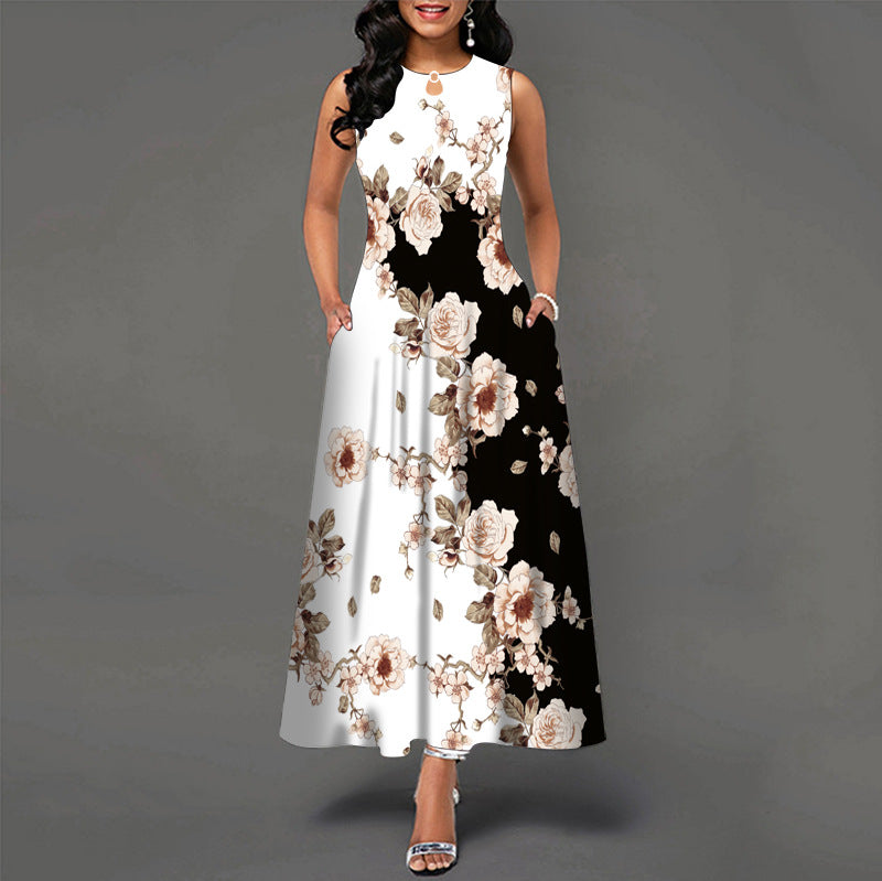 Black and White Color Block Floral Print Maxi Dress