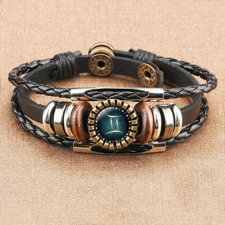 Pulsera de cuero de la gema del tiempo del zodiaco de la moda