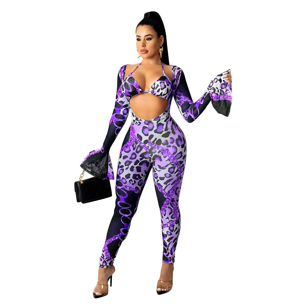 Women's  Nightclub Tight Mesh Perspective Digital Printing Casual Suit