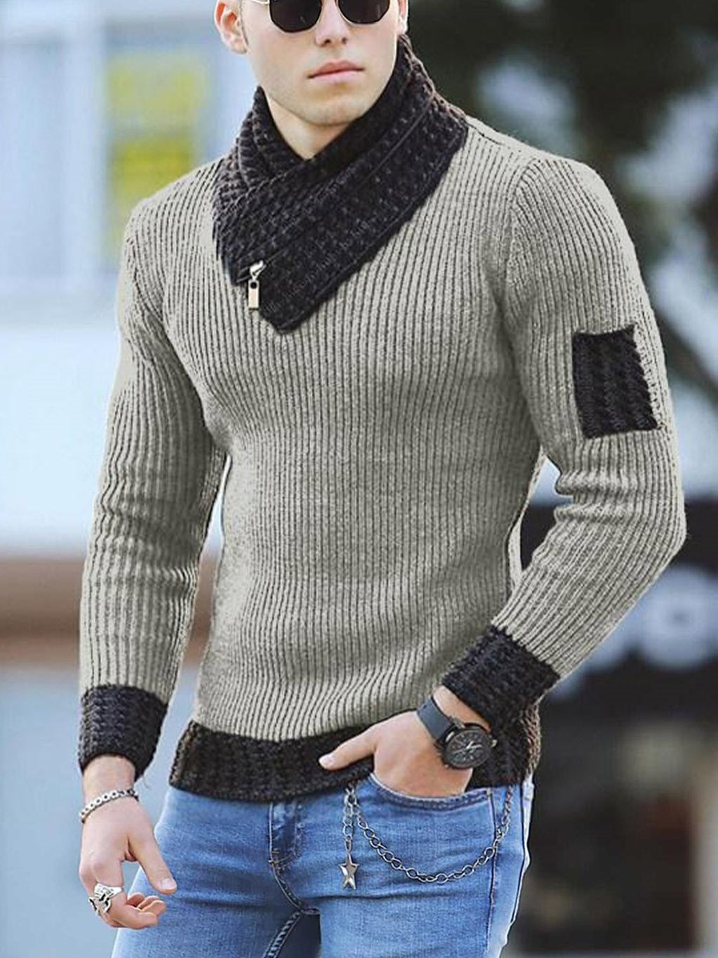 Men Casual Slim Knit Pullover Long Sleeve Scarf Collar Sweater