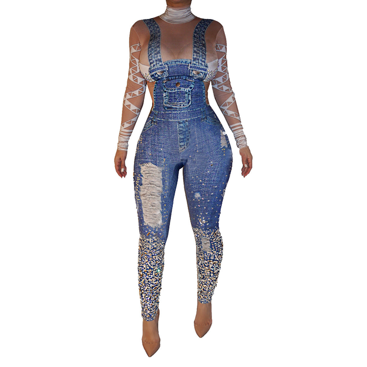 Fashion denim suspender printed Jumpsuit