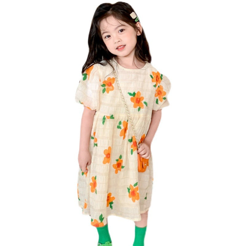 Vestido Infantil Flor Naranja Plisado Casual