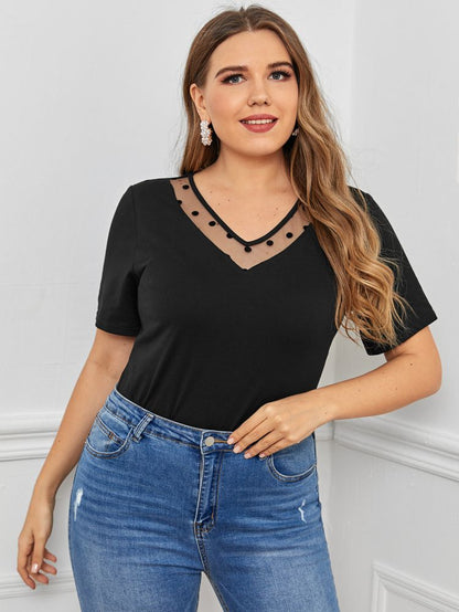 Lace Stitching V-neck Temperament Short-sleeved Top